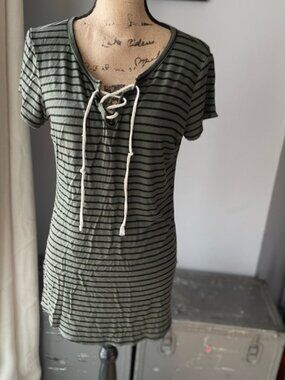Striped Lace-Up Short Sleeve Tee